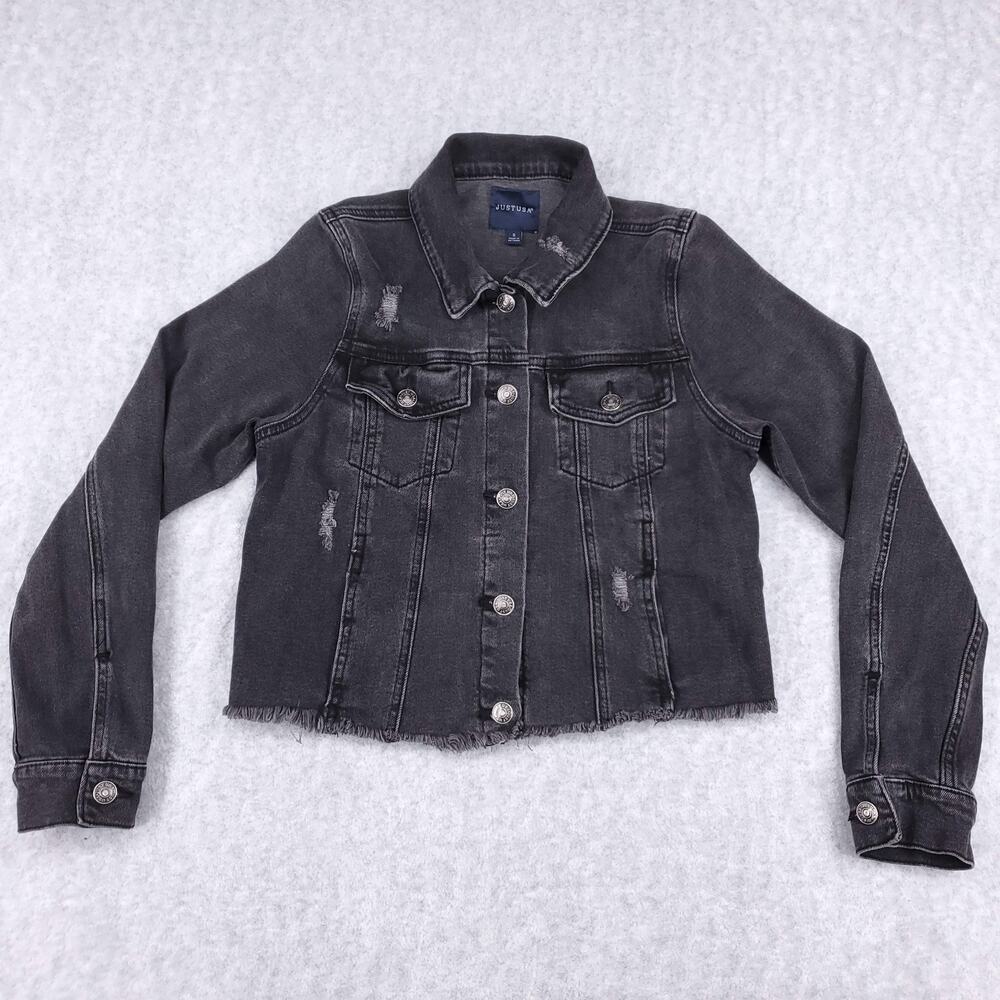 Just USA Cropped Denim Jacket Womens S Black Distressed Raw Hem Grunge Trendy